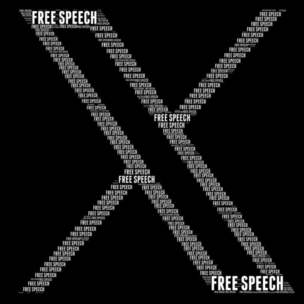 A graphic representation of the letter X (X logo) composed of the words 'FREE SPEECH' in varying sizes and orientations on a black background. 